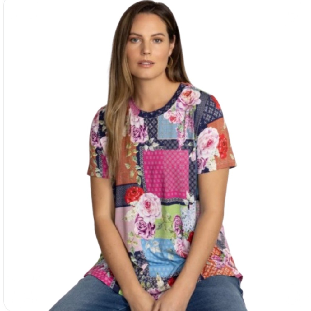 NWT Johnny Was Rose Patch Top Tee Multi Color Stretch JANIE Crewneck A-Line XXS - Picture 5 of 6